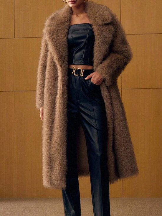Jackets & Blazers - Brown Casual Women's Long Faux Fur Collar Coat